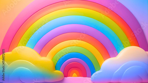 Vibrant rainbow arches over fluffy clouds in a dreamy, colorful scene with pastel hues and soft light, creating a whimsical mood.