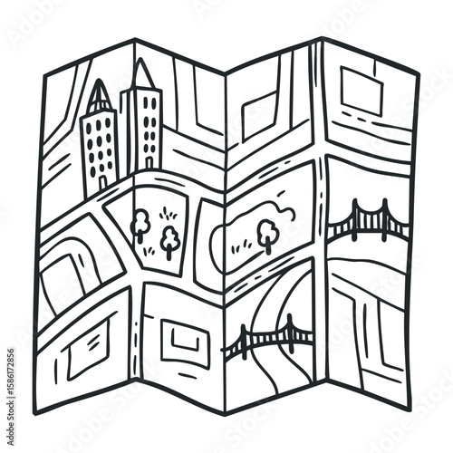 Simple black and white cartoon map with buildings, park, and bridge. Hand drawn vector illustration