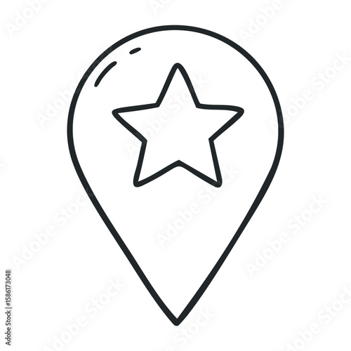 Map marker icon with star symbol for location and favorites. Hand drawn vector illustration