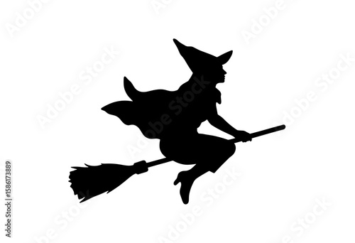 Black and white silhouette of a witch flying on a broomstick  