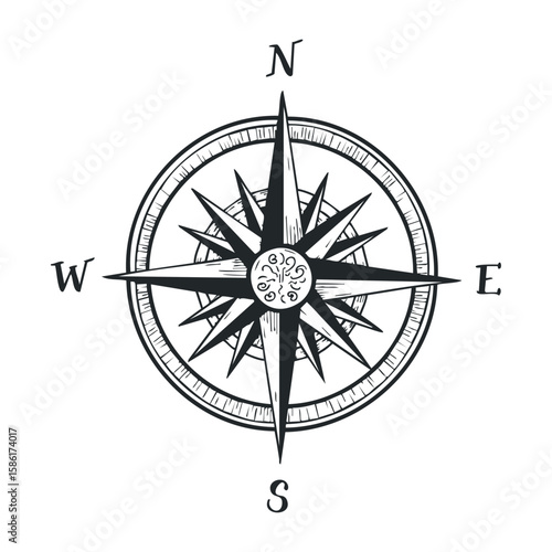 Vintage compass rose design with nautical directions. Hand drawn vector illustration
