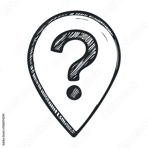 Sketch of question mark symbol inside location pin outline in black and white. Hand drawn vector illustration