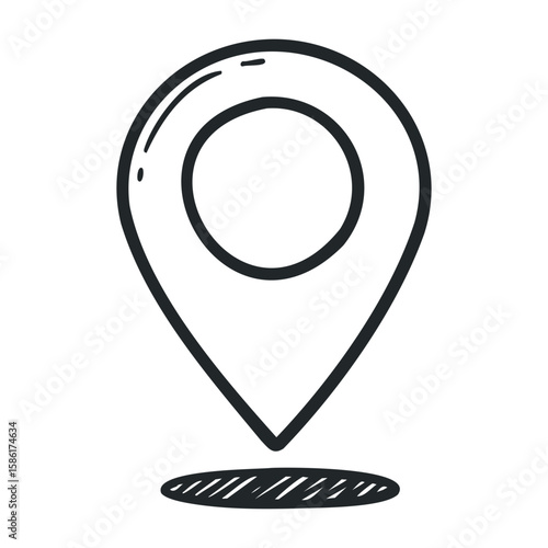 Minimalistic black and white map pin icon for location and navigation concept. Hand drawn vector illustration