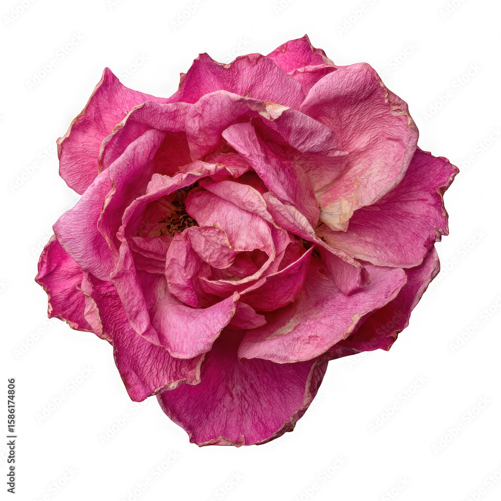 Obraz premium Close up of a dried pink rose with delicate wilting petals and intricate texture isolated on transparent background