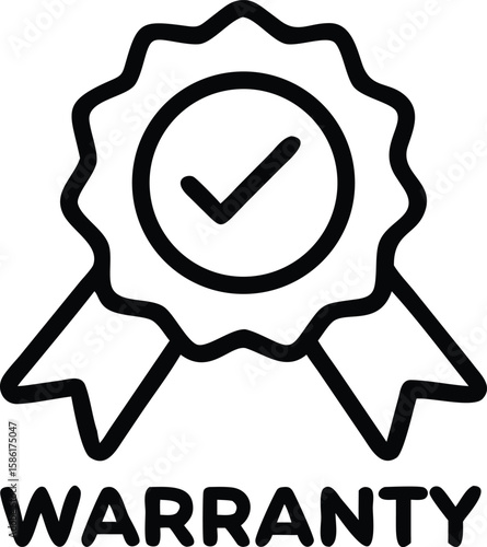 Warranty icon with tick in circle and ribbon in outline style