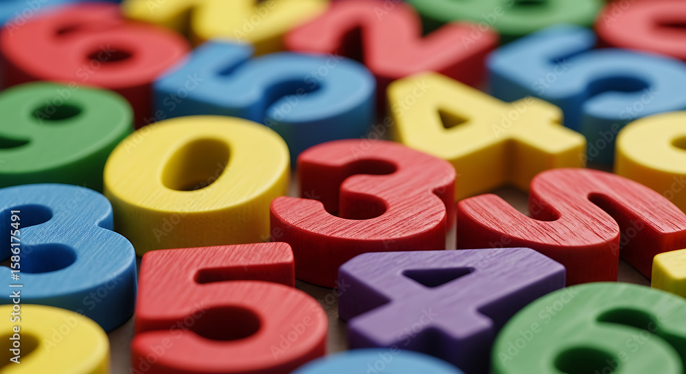 Naklejka premium Colorful Wooden Numbers Scattered Close-up