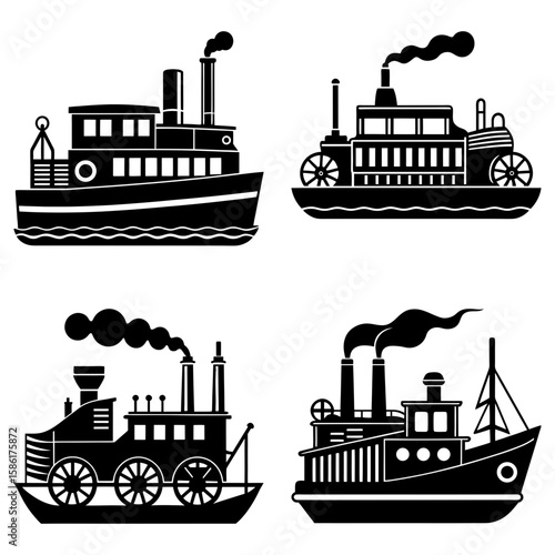 Illustration of four steam powered boats and ships with smoke stacks in black and white silhouette style