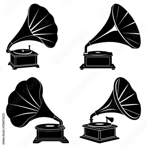 Four vintage gramophones with large horns in black and white vector illustration design showing history 100