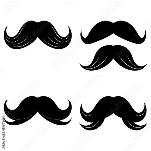 Illustration of four different black mustaches with varying shapes and styles on a white background art