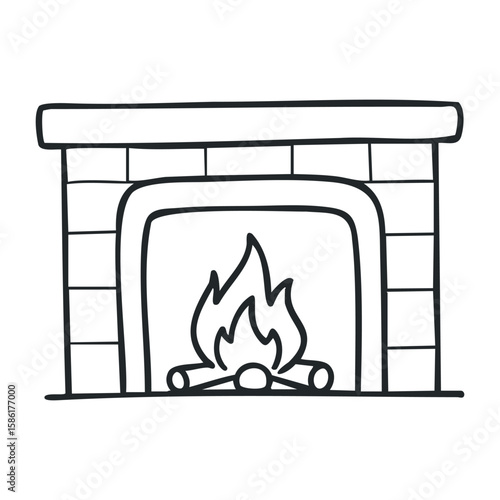 Cozy fireplace with burning logs drawing for home warmth and comfort. Outline vector illustration