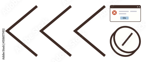 Three left-pointing arrows, a browser error popup with Ok button, and a cancel symbol. Ideal for navigation, error handling, undo action, system messages, decision reversal, warnings simple flat