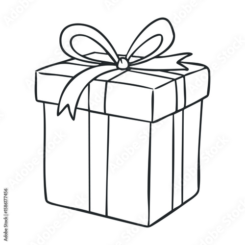 Hand-drawn gift box with bow outline. Outline vector illustration