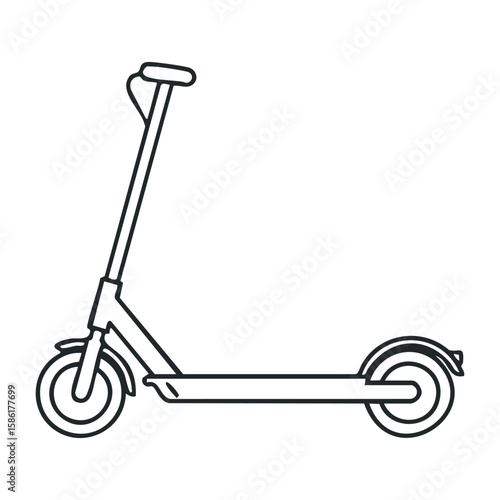 Minimalistic black and white line drawing of a kick scooter on white background. Outline vector illustration