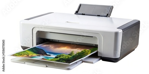 Inkjet printer printing a landscape photograph with green trees and blue ocean
