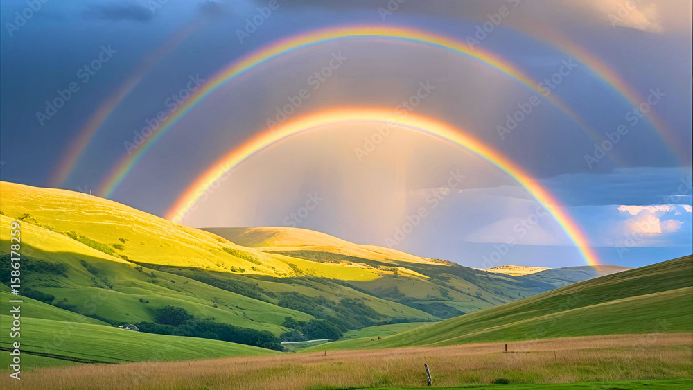 Obraz premium Vivid double rainbow stretches across rolling hills with bright green grass creating a stunning pastoral landscape.