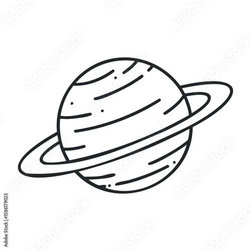 Minimalist black and white line drawing of saturn with rings. Outline vector illustration