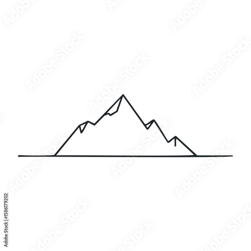 Minimalist mountain line drawing on white background with simplistic peaks. Outline vector illustration