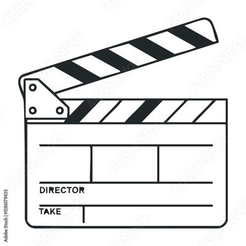 Classic movie clapperboard icon with blank fields for director and take in black and white. Outline vector illustration