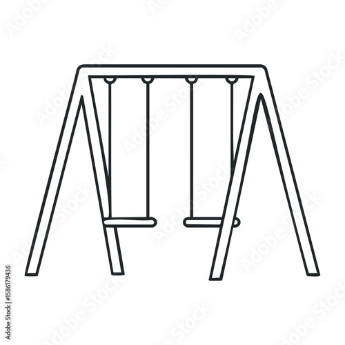 Minimalist black and white swing set line drawing on white background. Outline vector illustration