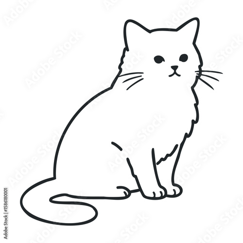Cute fluffy cat outline drawing with long whiskers and sitting pose. Outline vector illustration