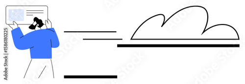 Person holding a digital file near a stylized cloud representation, symbolizing cloud storage and data sharing. Ideal for teamwork, technology, digital innovation, remote work, file management