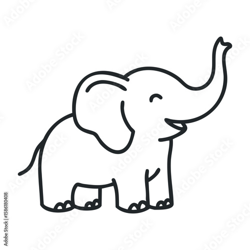 Cute smiling cartoon elephant line drawing with trunk up and open mouth. Outline vector illustration