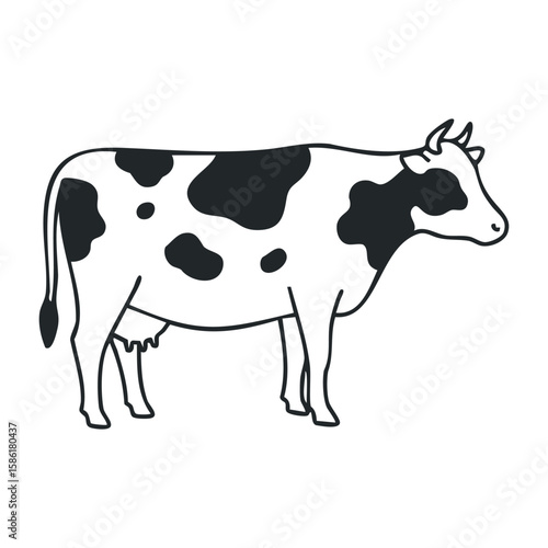 Black and white spotted cow outline with horns and tail. Outline vector illustration