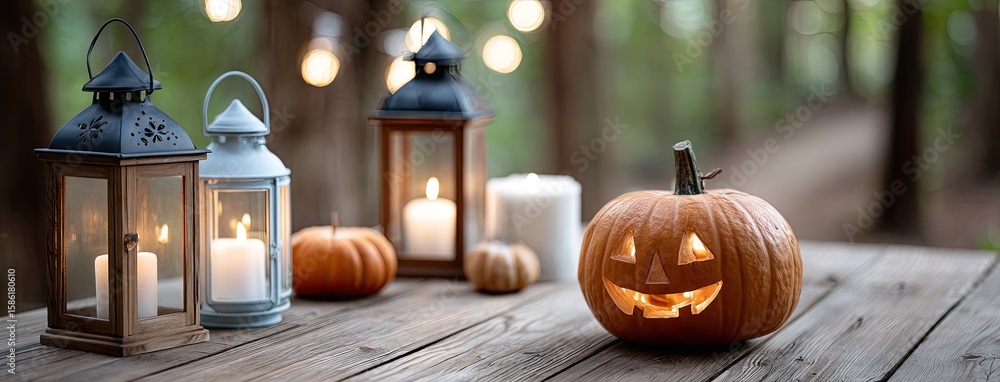 Obraz premium A carved pumpkin sits among burning candles and lanterns on an old wooden table, surrounded by fog in a spooky nighttime cemetery