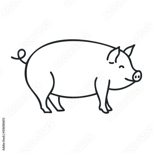Simple outline of a smiling pig with curly tail and pointed ears. Outline vector illustration