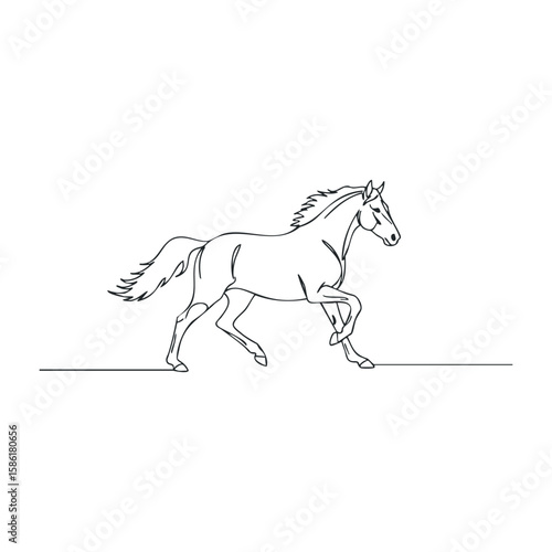 Line drawing of a galloping horse on white background. Outline vector illustration