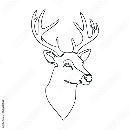 Minimalist line drawing of deer with antlers on white background. Outline vector illustration