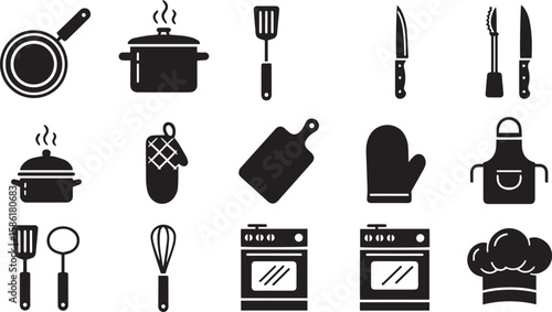 Collection of kitchen utensils and cooking equipment icons in black and white