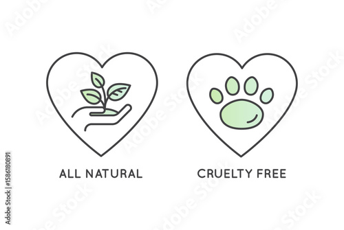 Eco-label with cruelty free, vegan, green product, and 100% natural concepts. Vector badges for sustainable, ethical, plant-based, and animal-friendly packaging outline icon design, animal testing 
