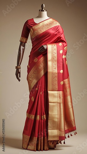 Classic Red and Gold Kanjivaram Silk Saree with Rich Zari Work Displayed on Mannequin