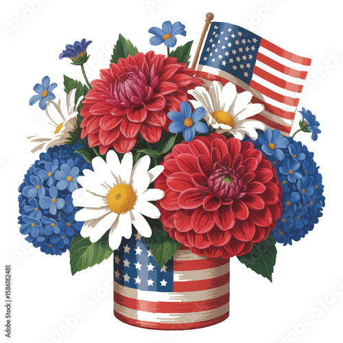 Vector art of a patriotic floral arrangement with red, white, and blue flowers in an american flag vase