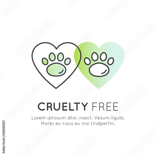 Eco-label with cruelty free, vegan, green product, and 100% natural concepts. Vector badges for sustainable, ethical, plant-based, and animal-friendly packaging outline icon design, animal testing 