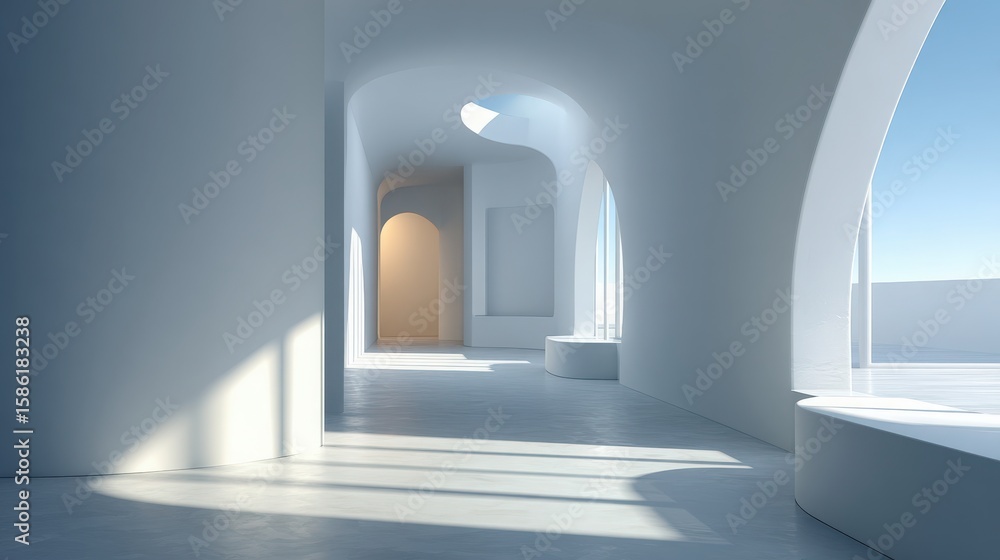 Fototapeta premium Serene Modern Interior with Smooth White Walls and Minimalist Design Promoting Calmness and Spaciousness in Contemporary Living