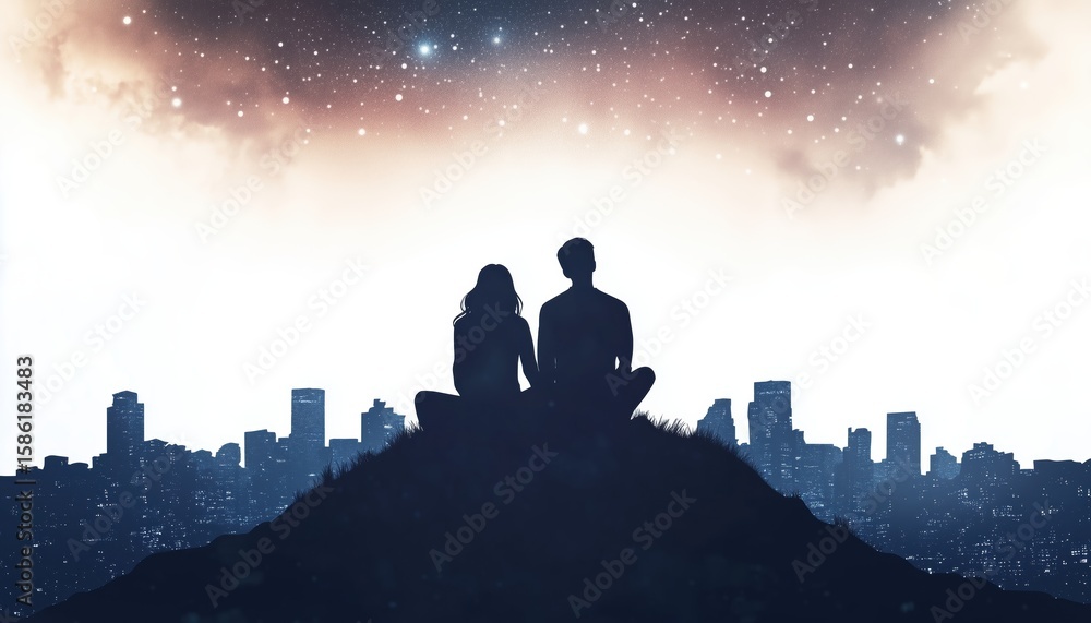 Fototapeta premium Romantic Silhouette: Couple Gazing At Stars From Hilltop Above City. Serene Scene Of Love And Stargazing Under Night Sky.