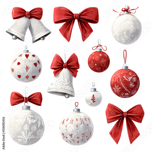 
A collection of Christmas cartoon decorative elements, including small round bells, red bows, red Christmas balls, and white patterns on the Christmas balls