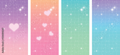 Dreamy Pastel Gradient Backgrounds with Hearts, Stars, and Grid Texture