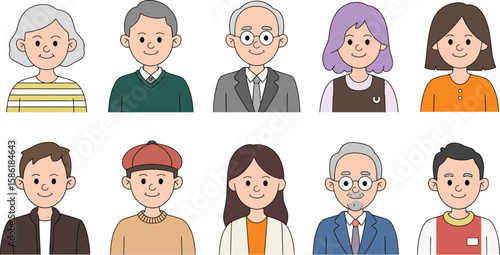 Diverse Cartoon People Icons Set of Ten Smiling Adult and Senior Characters