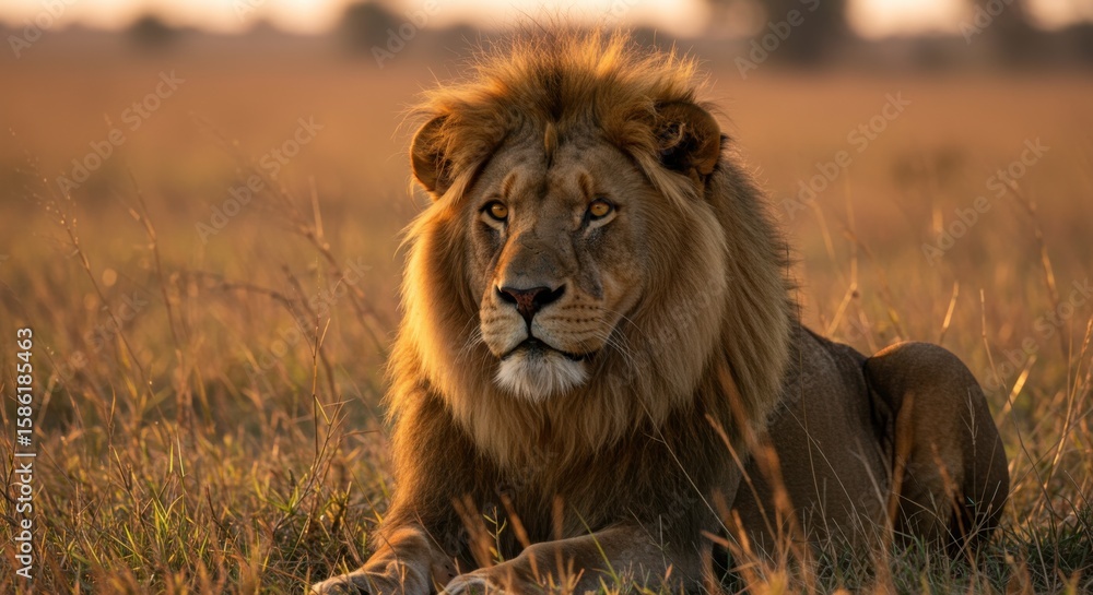 Majestic male lion rests regally in the golden savanna grass, basking in the warm light of dusk. Majestic male lion rests regally in the golden savanna grass, basking in the warm light of dusk.