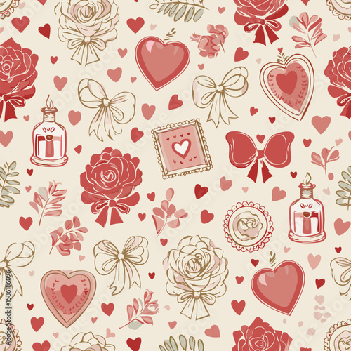Elegant romantic seamless pattern with hearts, perfume bottles, roses, bows and vintage details. Ideal for Valentine's Day, packaging and feminine design themes.