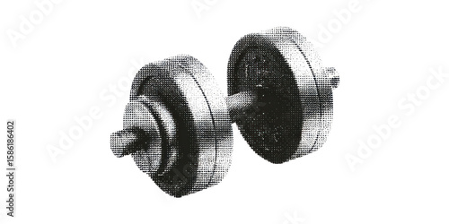 Vintage Dumbbell In Halftone. Retro Fitness Equipment Illustration Isolated On Transparent Background