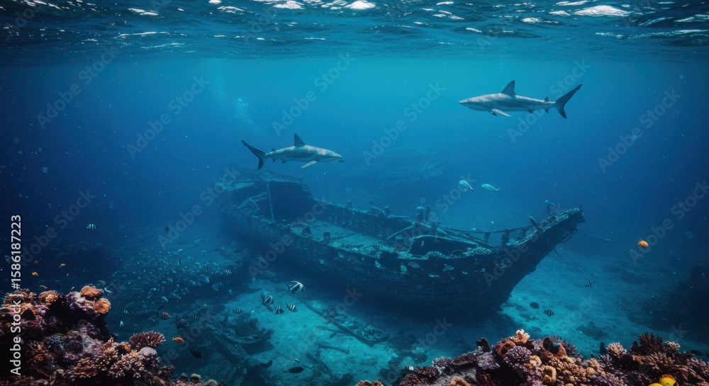 Obraz premium Underwater seascape depicts sharks swimming over a sunken shipwreck amidst colorful coral reefs.