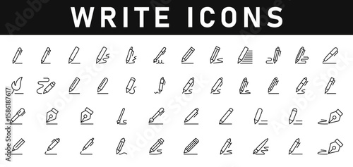 Write Icons vector illustration with thin line editable stroke containing pen, pencil, tools, signature, education, brush, ball pen