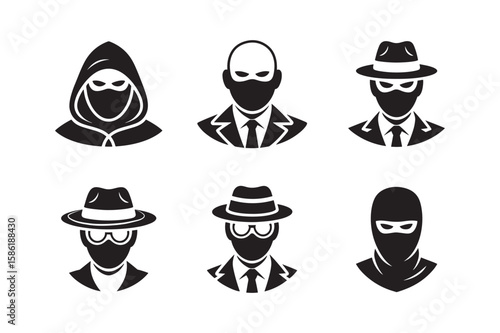 Anonymous Figures Spy, Hacker, Thief,  Black and White Icon Set