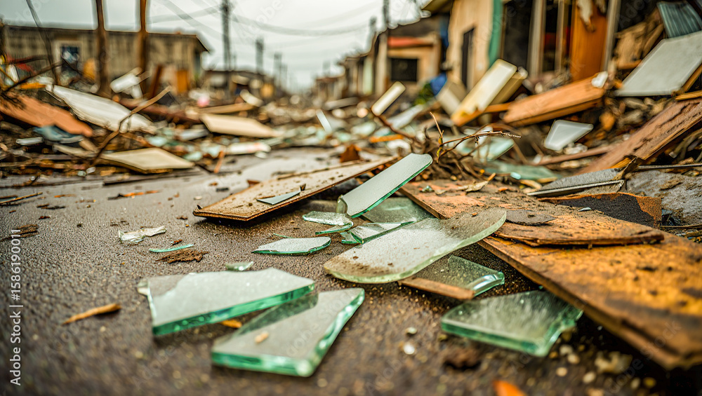 Fototapeta premium Close-up of shattered glass and twisted metal debris scattered on urban streets after a severe hurricane strike.