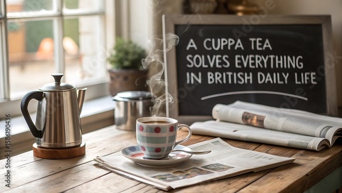 A cuppa tea and newspaper on a wooden table top