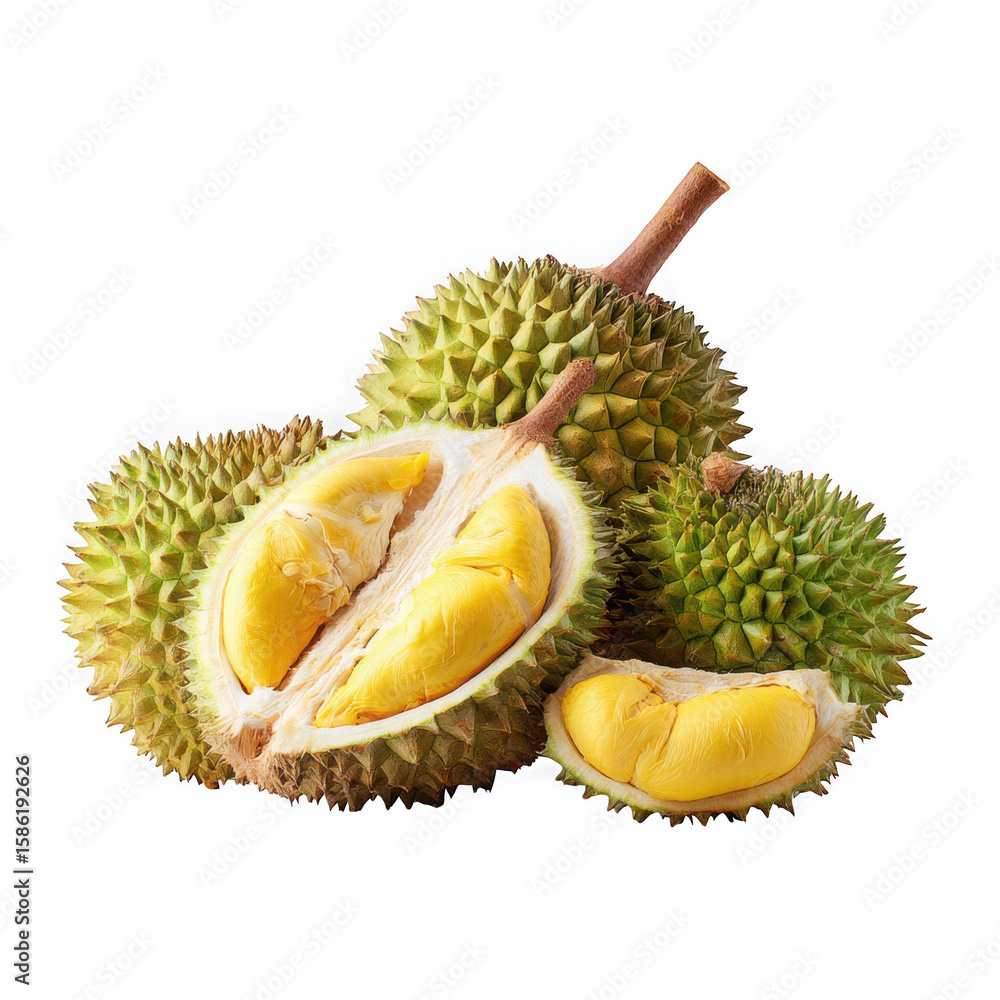 Fototapeta premium Fresh ripe durian fruit cut open showing yellow flesh and seeds isolated on transparent background